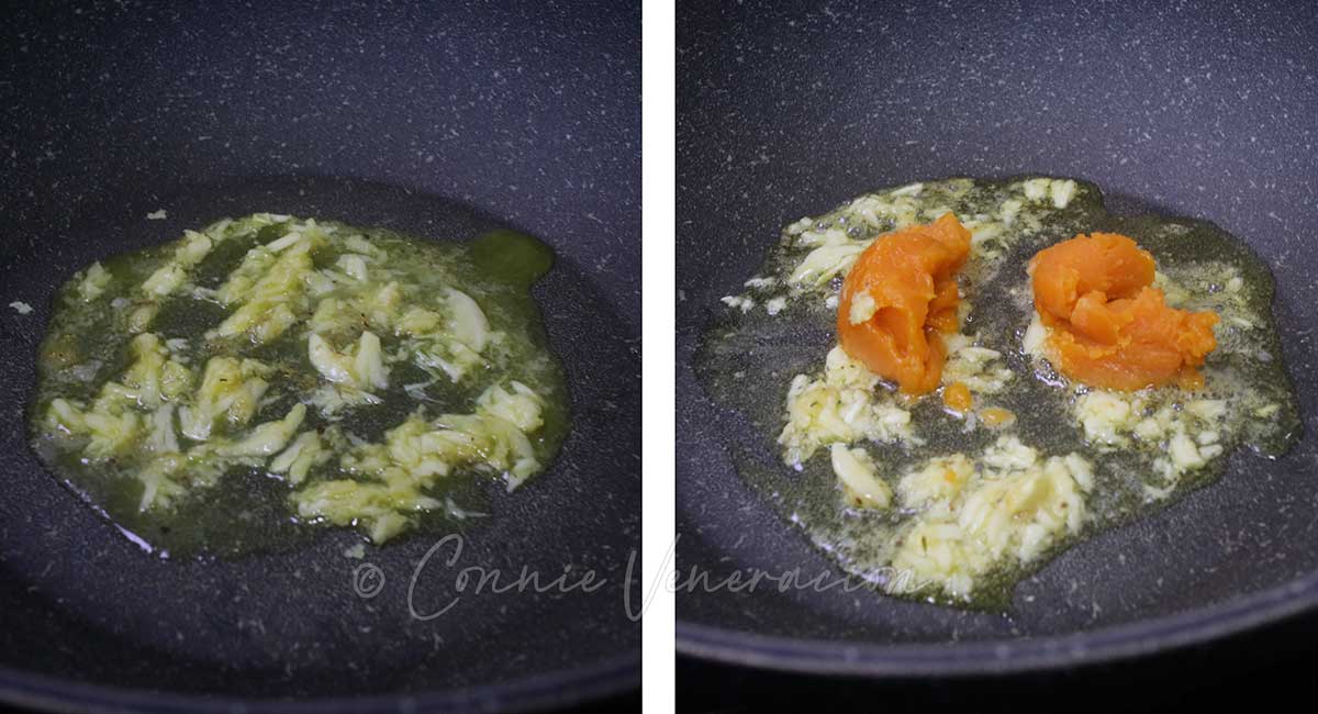 Sauteeing garlic and salted duck egg yolk paste in herb butter
