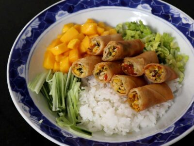 Smoked fish, salted duck eggs and tomato spring rolls