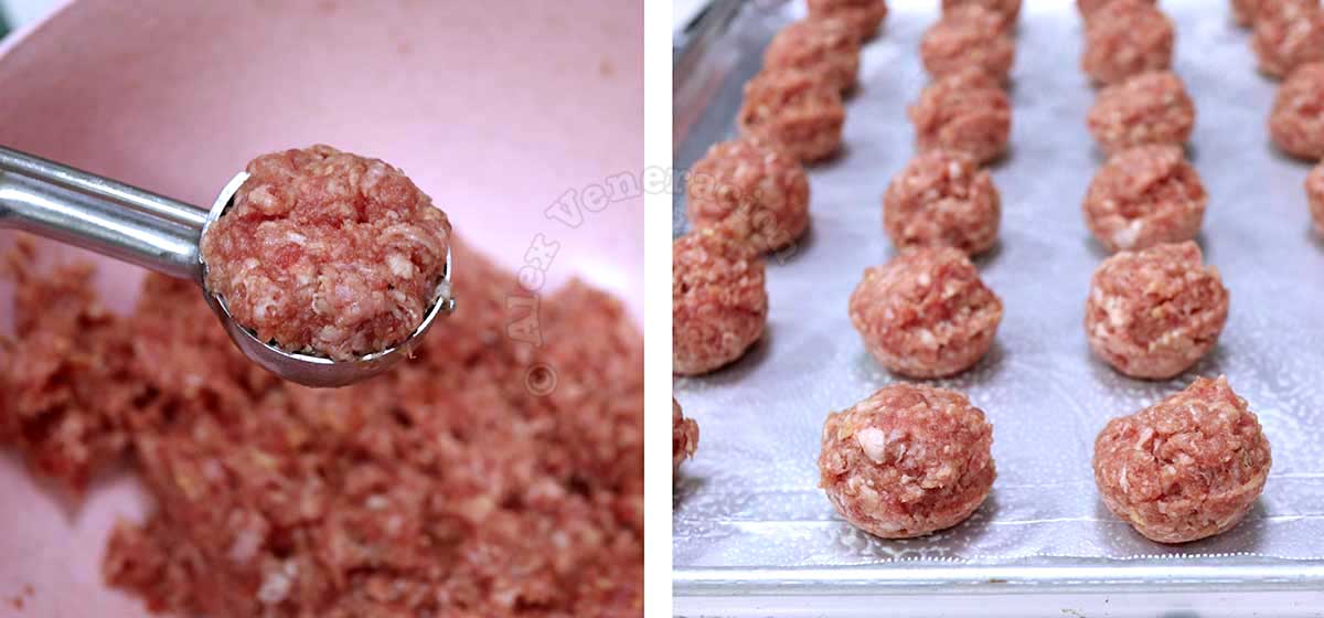 Shaping meatballs with ice cream scoop