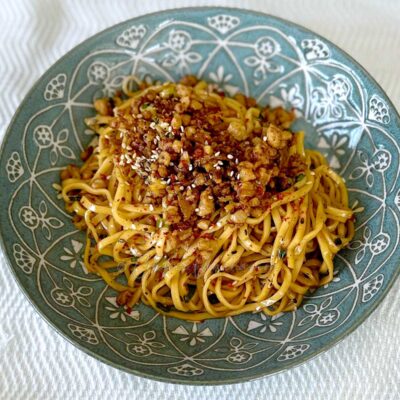 Spicy sesame garlic noodles with kimchi juice