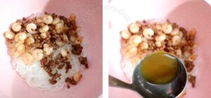 Adding dressing to noodles, ground pork and shrimps