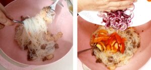 Mixing noodles with ground pork and shrimps