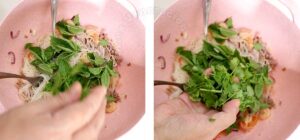 Adding fresh herbs to noodles