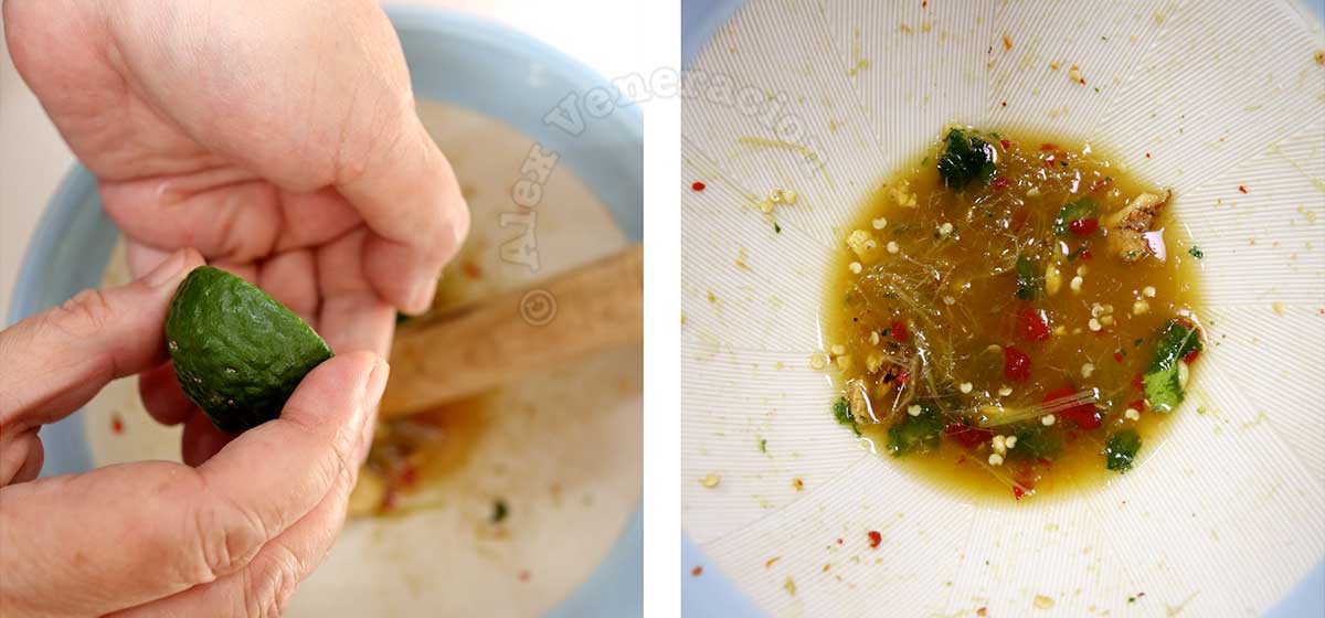 Making dressing for Thai glass noodle salad (yum woon sen)