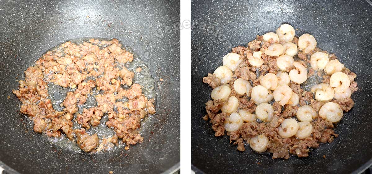 Ground pork and shrimps in wok