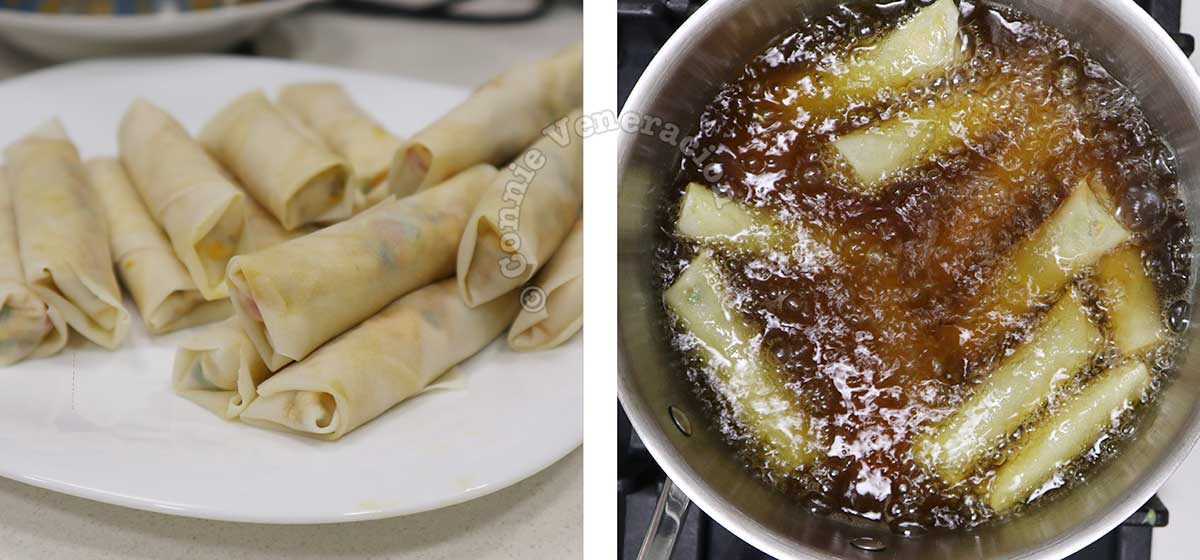 Deep frying spring rolls