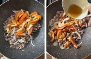 Pouring fish sauce over ground pork, tomatoes, onion and garlic in pan