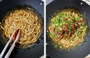 Tossing noodles and pork in chili peanut sauce