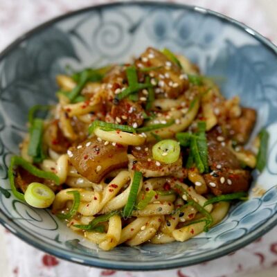 Pork udon with chili peanut sauce