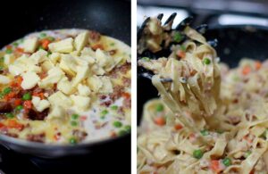 Tossing pasta in creamy cheese sauce