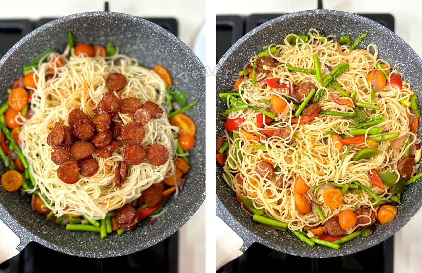 Adding spaghettini and browned chorizo to sauteed vegetables