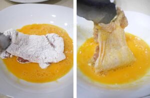 Dipping starch-coated chicken fillet in egg