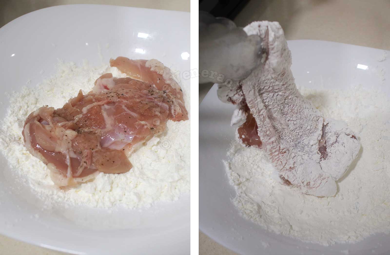 Dredging pounded chicken fillet in starch