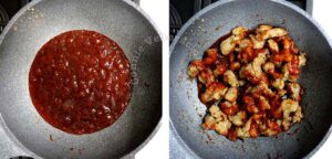 Tossing fried chicken fillets in spicy red sauce