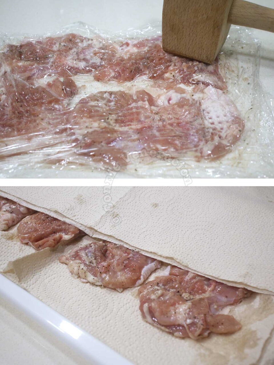 Pounding chicken thigh fillets