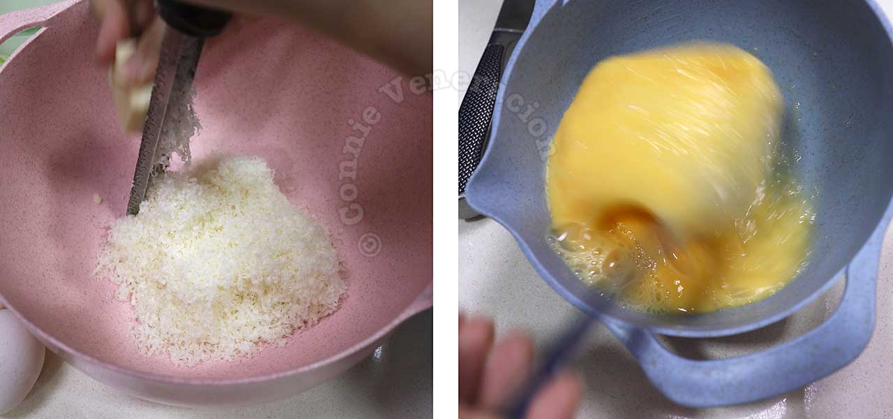 Mixing grated Pecorino with eggs