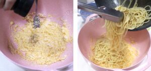 Tossing hot pasta in egg-Pecorino emulsion