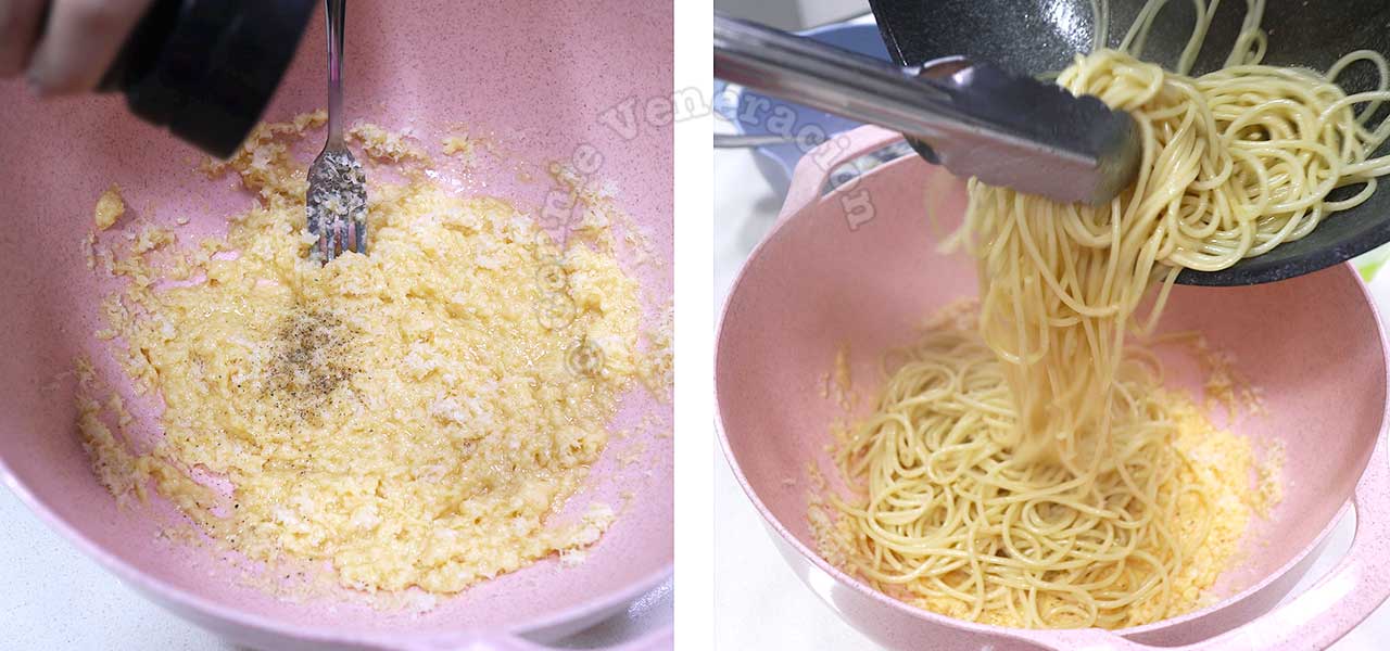 Tossing hot pasta in egg-Pecorino emulsion
