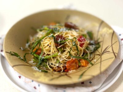 Spaghettini with chorizo, asparagus and cherry tomatoes
