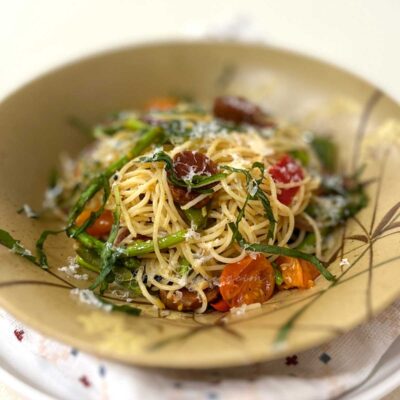 Spaghettini with chorizo, asparagus and cherry tomatoes