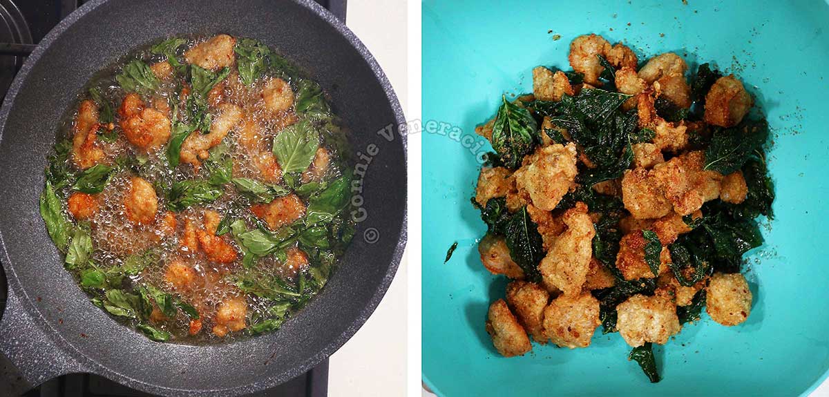 Frying Taiwanese popcorn chicken with fried Thai basil