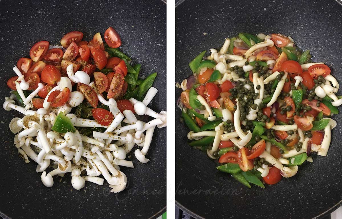Cooking mushrooms, tomatoes