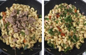 Adding drained canned tuna to pasta and vegetables