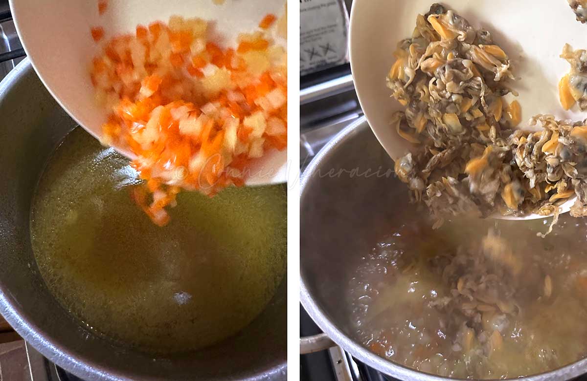 Addng potato, carrot and clams to broth in pan