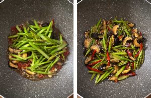 Tossing stir fried mushrooms and asparagus with sauce