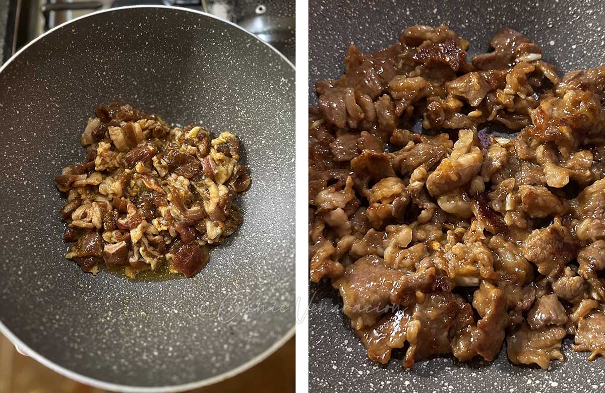 Browning marinated and velveted pork