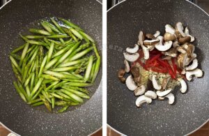 Stir frying asparagus and mushrooms