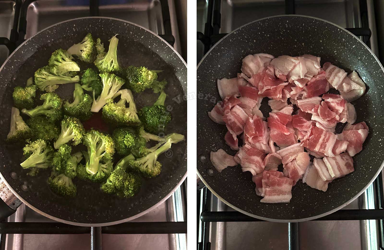 Broccoli in pan / Pork slices in pan