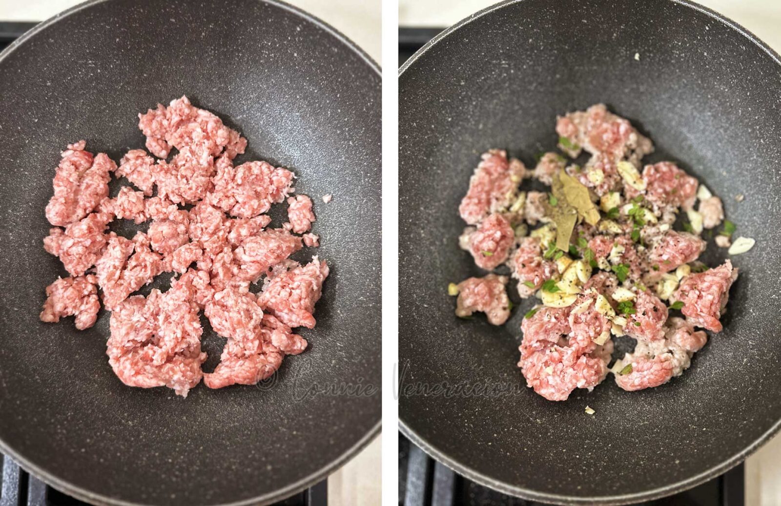 Browning ground pork with Filipino adobo spices