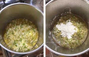 Adding flour to butter in pan