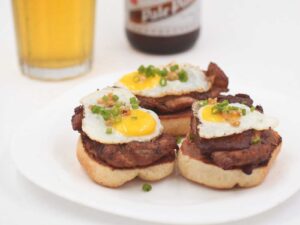 Filipino chicken adobo and quail eggs canapé
