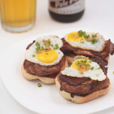 Filipino chicken adobo and quail eggs canapé