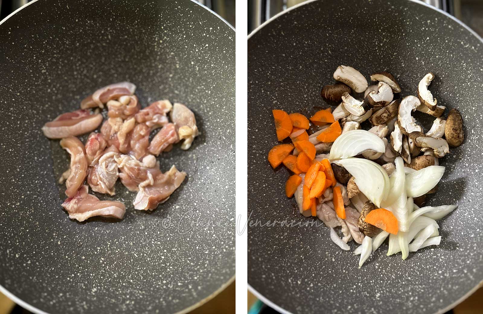 Stir frying chicken, mushrooms and vegetables