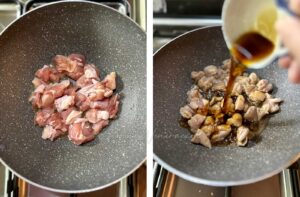 Seasoning browned chicken in wok