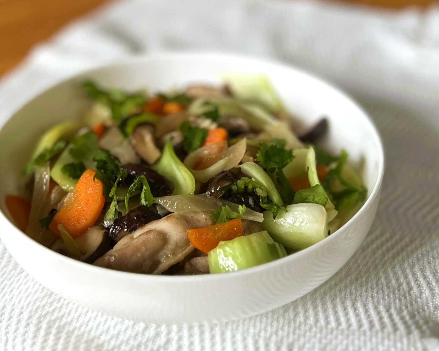 Chicken, shiitake and bok choy tips with Vietnamese mixed fish sauce