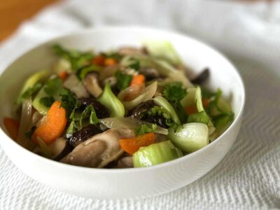 Chicken, shiitake and bok choy tips with Vietnamese mixed fish sauce