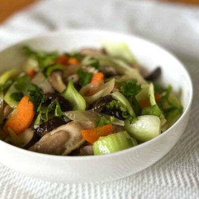 Chicken, shiitake and bok choy tips with Vietnamese mixed fish sauce