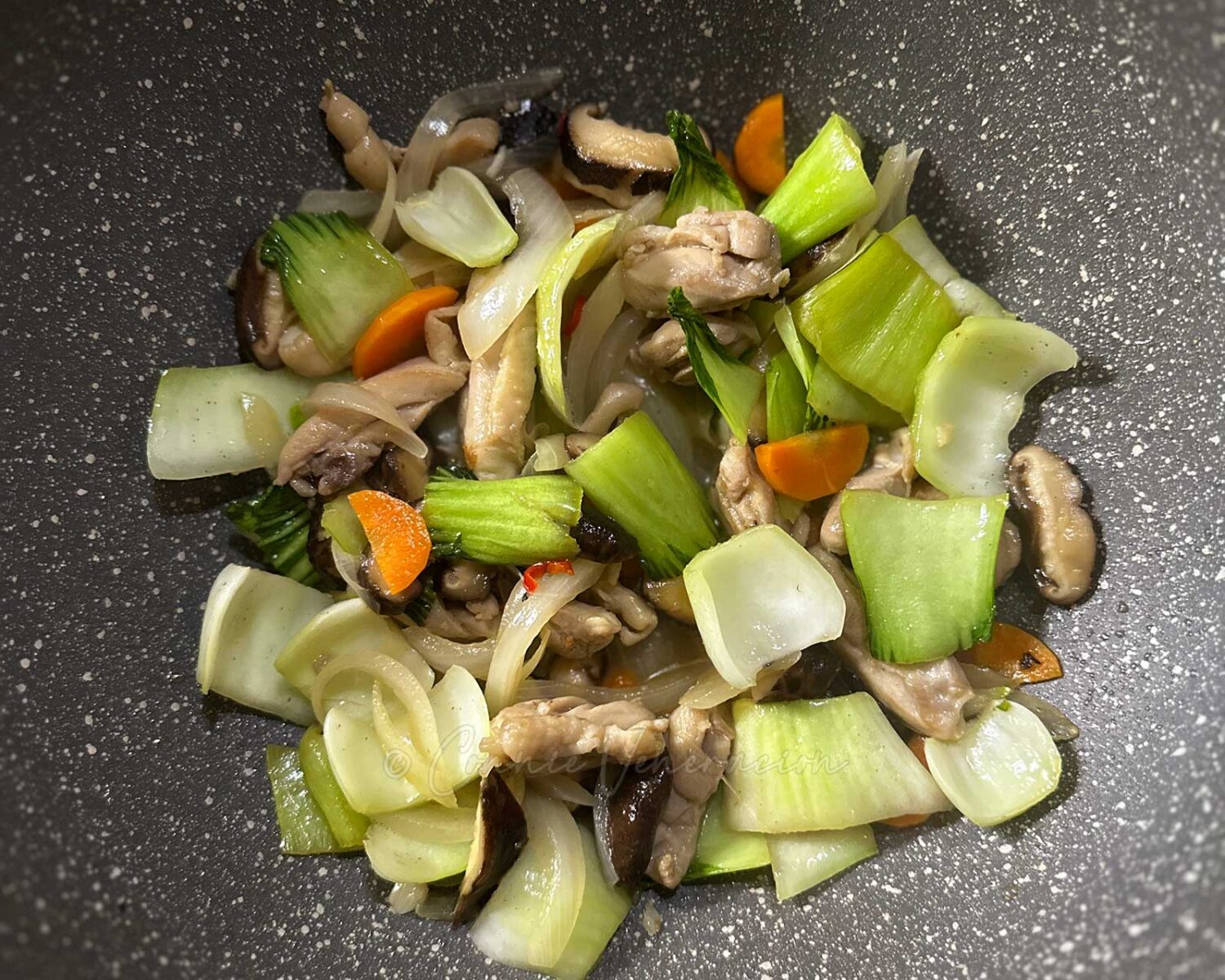 Chicken, shiitake and bok choy tips with Vietnamese mixed fish sauce