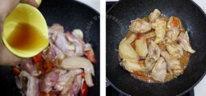 Adding fish sauce to sauteed schicken and vegetables