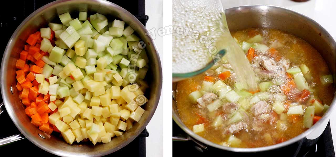 Carrot, chayote, potatoes and broth in pot with chicken