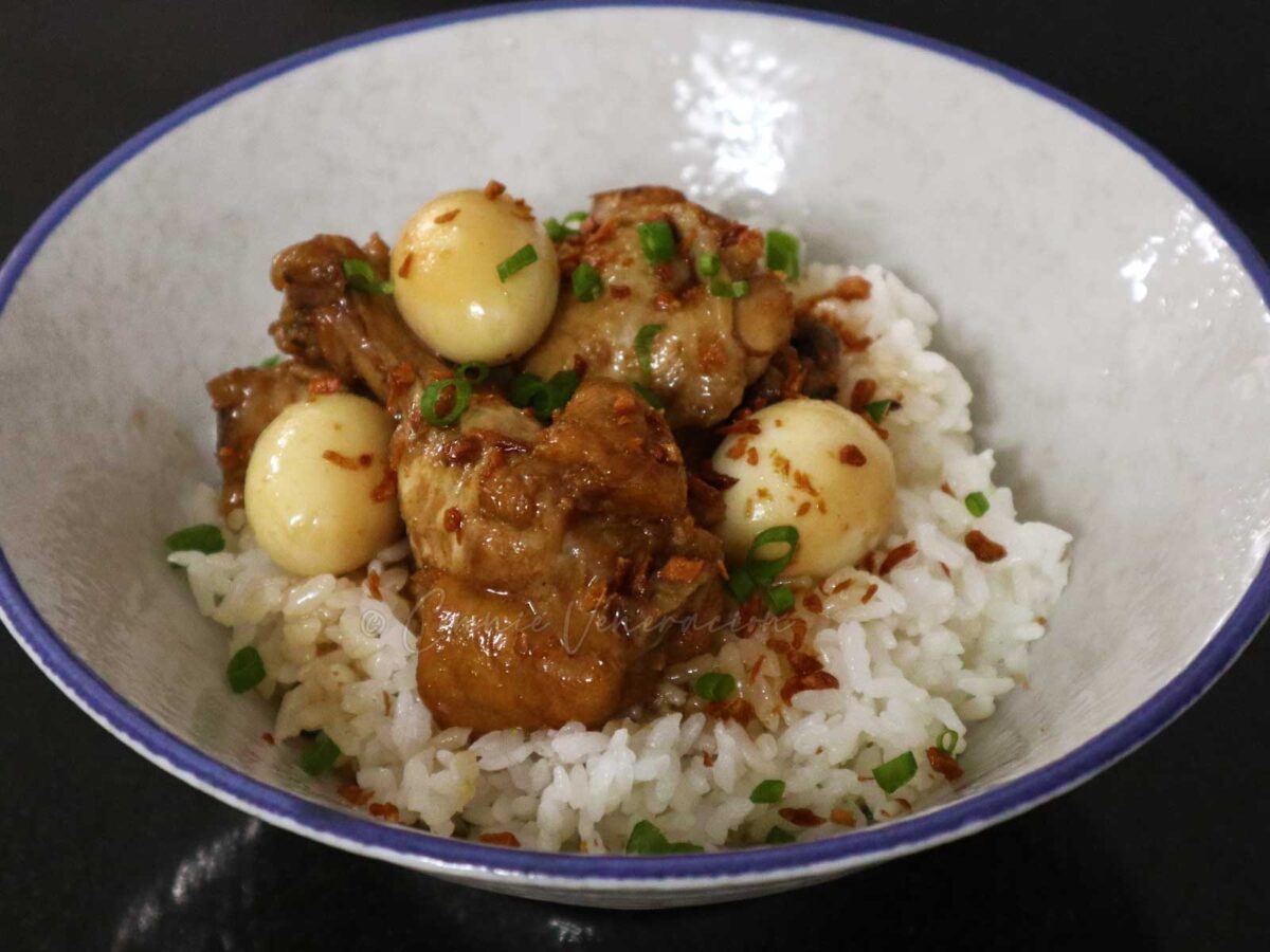 Chicken wings and quail eggs adobo