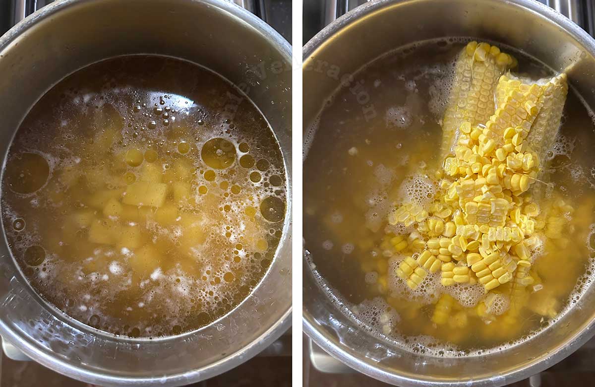 Simmering shaved corn kernels and potato cubes in both