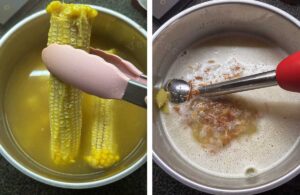 Pureeing corn and potato soup with an immersion blender