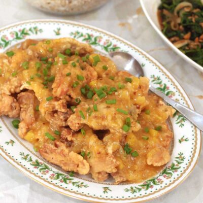 Crispy fried chicken fillets with pineapple sauce