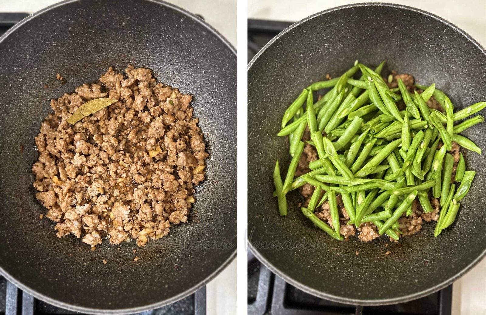 Adding green beans to ground pork Filipino adobo