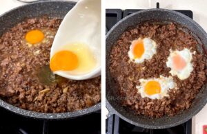 Adding raw egg to simmering adobo